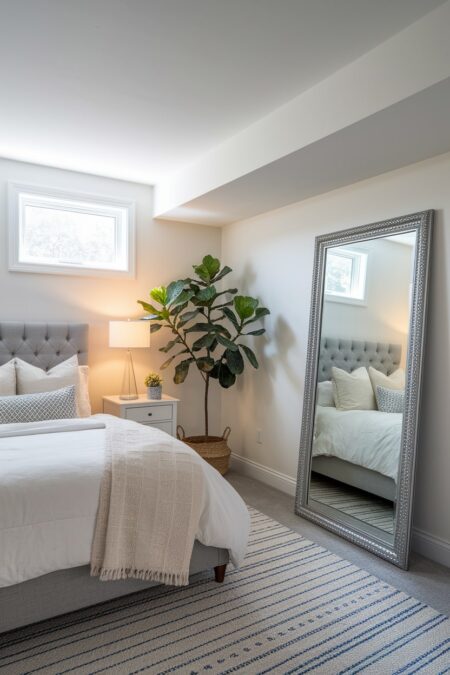 light basement bedroom with window, gray upholstered bed frame, and a large floor mirror leaned against a wall