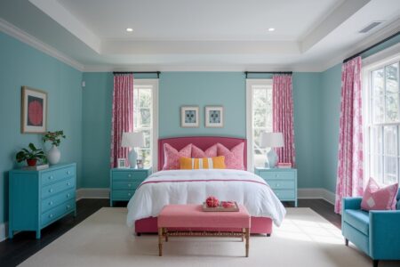 light blue bedroom with pink upholstered bed frame and curtains, white bedding, and yellow accent pillow
