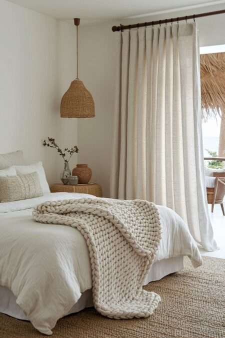 light Mediterranean bedroom with white bedding chunky knit cotton throw, linen curtains, and a jute area rug