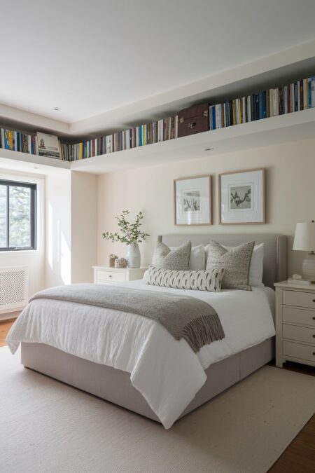 light modern bedroom has a high-perimeter shelving with books
