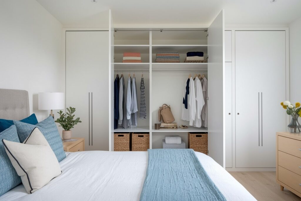 light modern bedroom with a white built-in wardrobe, blue throw blanket and pillows
