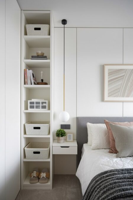 light modern bedroom with a white tall narrow bookcase with decorative baskets, books, and decor, a tiny floating nightstand