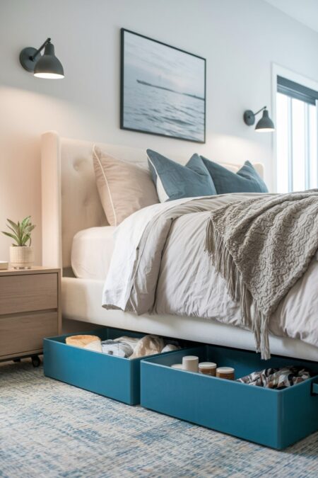light modern bedroom with blue low-profile rolling bins for under bed storage
