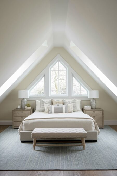 light neutral attic bedroom with sloped ceilings and a low-profile upholstered platform bed, cream accent wall