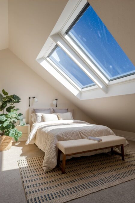 light neutral attic bedroom with sloped ceilings and skylights above the bed