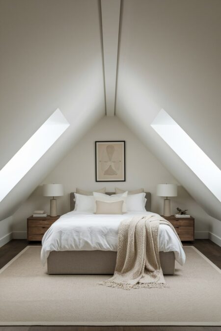 light neutral minimalist attic bedroom with sloped ceilings and gray upholstered bed with white bedding