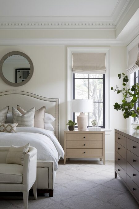 light neutral transitional bedroom with curved headboard, round mirror, light brown nightstand and dresser with straight lines
