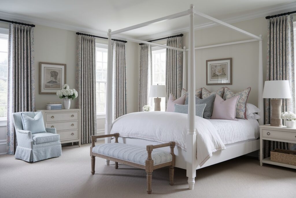 14 Traditional Bedroom Ideas to Bring Enduring Charm to Your Home light traditional bedroom with a white four-poster bed, white bedding, and muted pink accent pillows