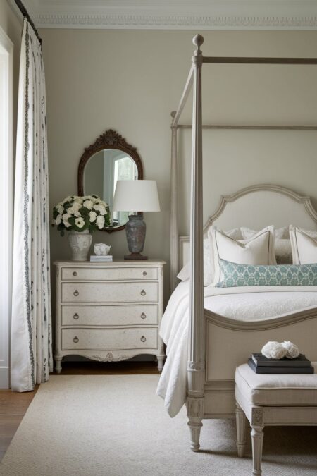 light traditional bedroom with classic furniture, four-poster bed, white serpentine dresser with detailed carvings