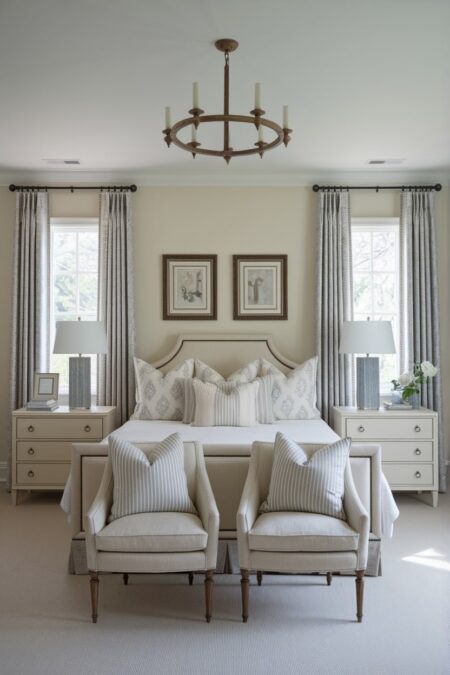 light traditional bedroom with symmetrical furniture and decor, two armchairs