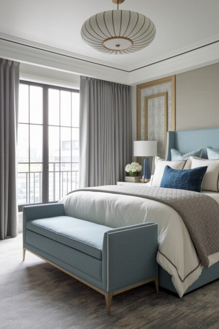 luxury bedroom with a muted blue storage bench