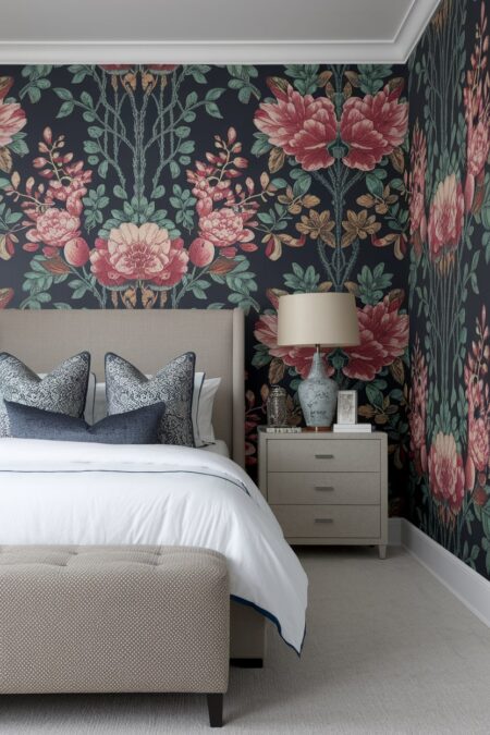 maximalist bedroom has a dark wallpaper with floral patterns, greige color furniture, and white bedding