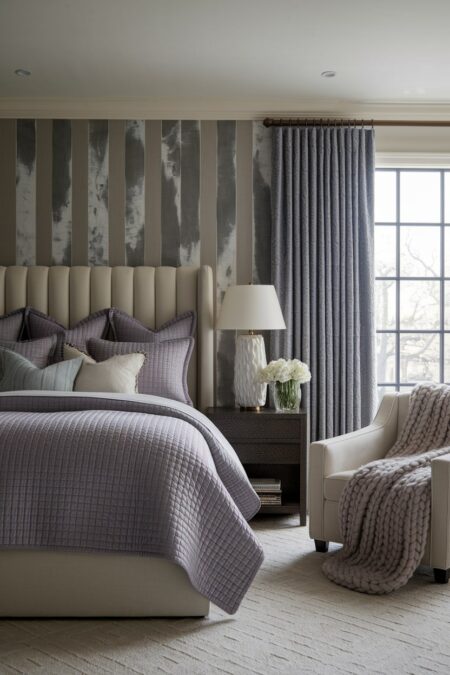 maximalist bedroom with a dusty purple velvet quilt and pillows, striped wallpaper, and chunky knit throw on the armchair