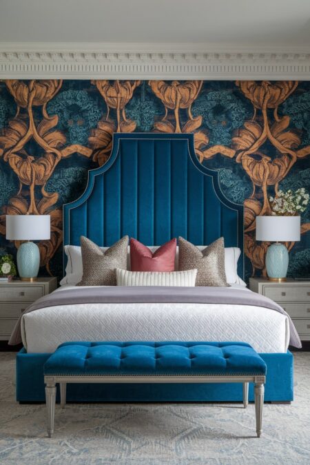 maximalist bedroom with blue velvet low-profile bed frame and tall oversized channel tufted headboard, dark patterned wallpaper