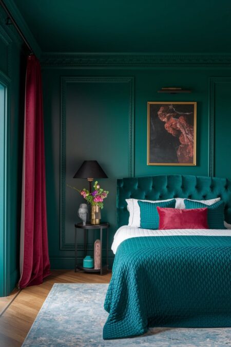 maximalist bedroom with emerald green walls and ceiling, velvet tufted headboard, ruby red accent pillow and curtains