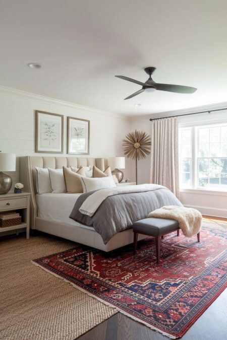 maximalist bedroom with Persian-style area rug layered on top of the sisal rug and black ceiling fan