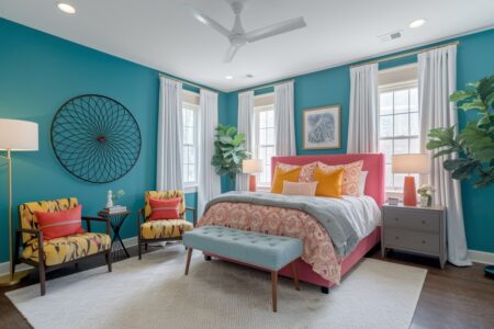 maximalist bedroom with teal walls, coral pink bed frame, yellow accent chairs and pillows, light gray curtains