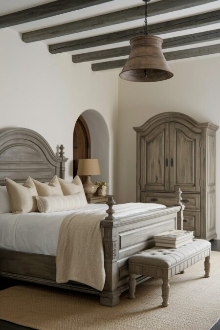 Mediterranean bedroom with a hand-carved wooden bed frame with a weathered finish and vintage armoire