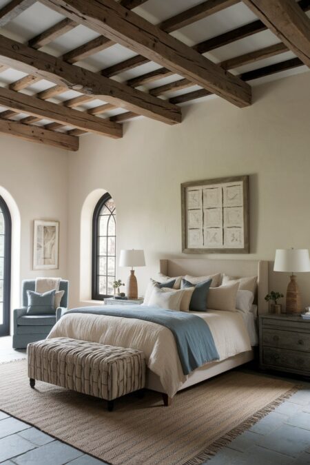 Mediterranean bedroom with exposed wooden ceiling beams, stone flooring, and black arched window frames