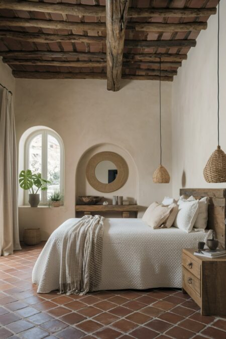 Mediterranean bedroom with rustic wood furniture and ceiling beams, terracotta floor tile
