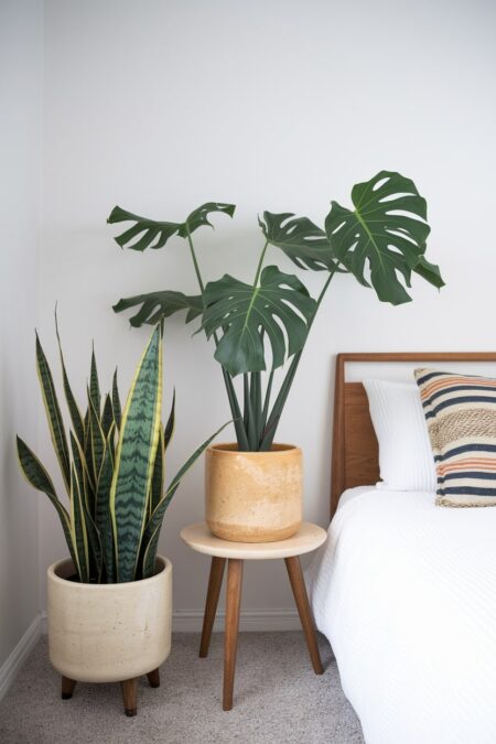 mid-century modern bedroom with a snake plant and monstera in the simple ceramic planters