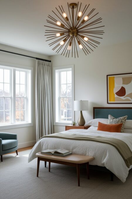 mid-century modern bedroom with a Sputnik chandelier, upholstered headboard and armchair in the same color