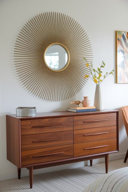 mid-century modern bedroom with a sunburst mirror above the wooden dresser