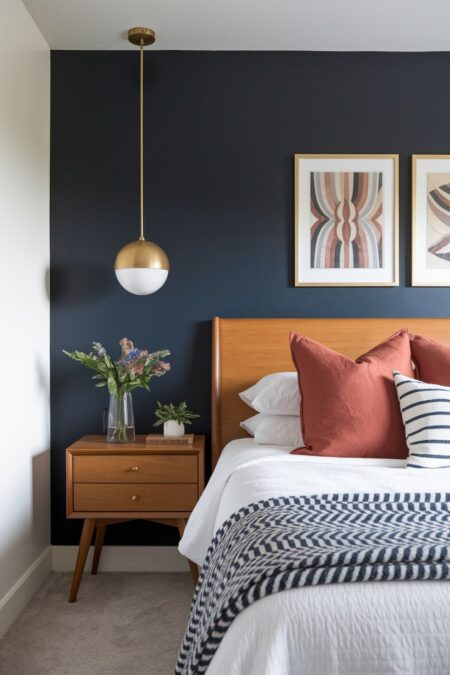 mid-century modern bedroom with an accent wall in navy blue color and wooden furniture with clean lines