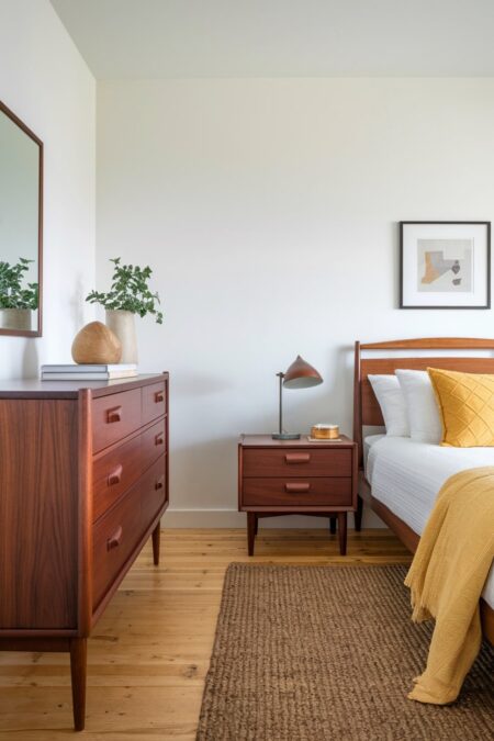 mid-century modern bedroom with different wood furniture, light wood flooring, and yellow accent textile on the bed