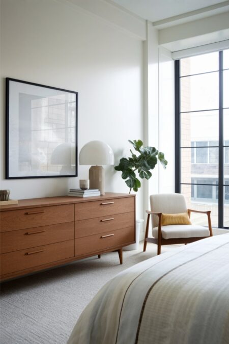 mid-century modern bedroom with minimalist aesthetic, a wooden dresser, and white accent armchair with wood frame