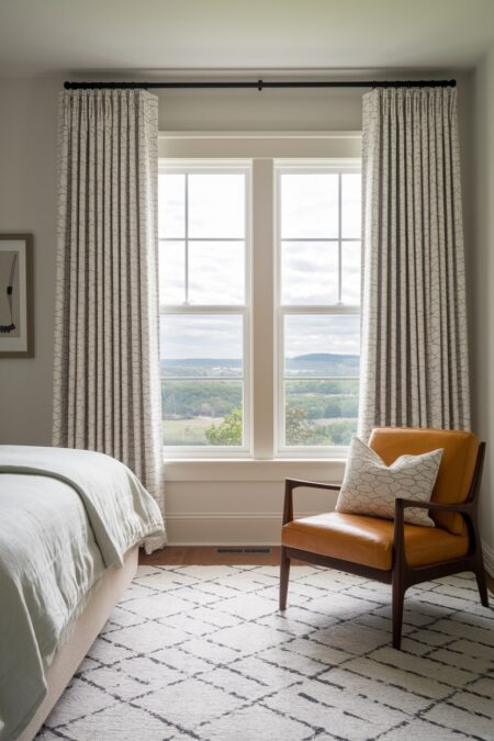 mid-century modern bedroom with simple curtains in a subtle graphic pattern and a yellow leather accent armchair with dark wood frame