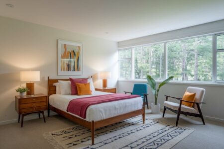 mid-century modern bedroom with white walls, soft lighting, rose throw blanket, and mustard yellow velvet accent pillows