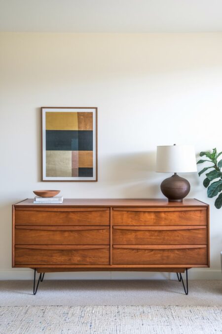 mid-century modern interior with a wooden six-drawer dresser with hairpin legs and muted print with geometric shapes