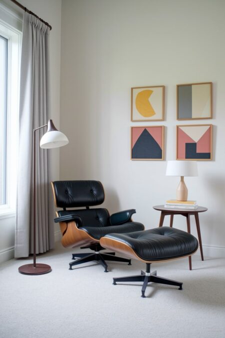 mid-century modern interior with an Eames-style lounge chair and ottoman, a simple floor lamp, and framed geometric prints