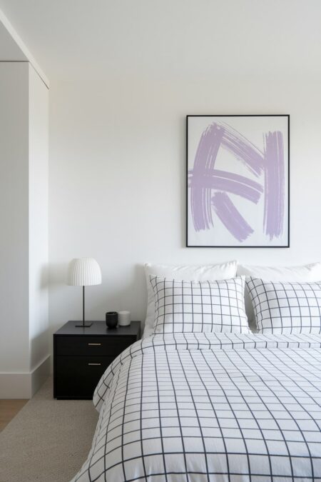 minimalist bedroom with white walls, black and white grid bedding, and a single piece of abstract art with lavender brushstrokes