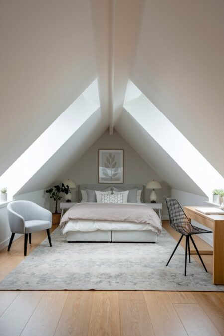 modern attic bedroom with sloped ceilings, laminate flooring, small workspace, curved back armchair, and a gray area rug