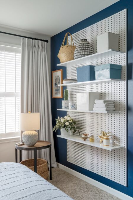 modern bedroom has a blue accent wall with a white pegboard with shelves, baskets, and boxes for storage