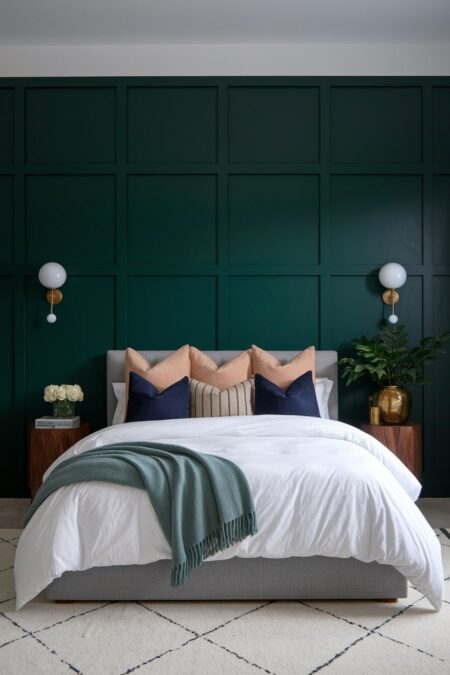 modern bedroom with a dark green accent wall with board and batten, white bedding, pastel peach and navy blue accent pillows