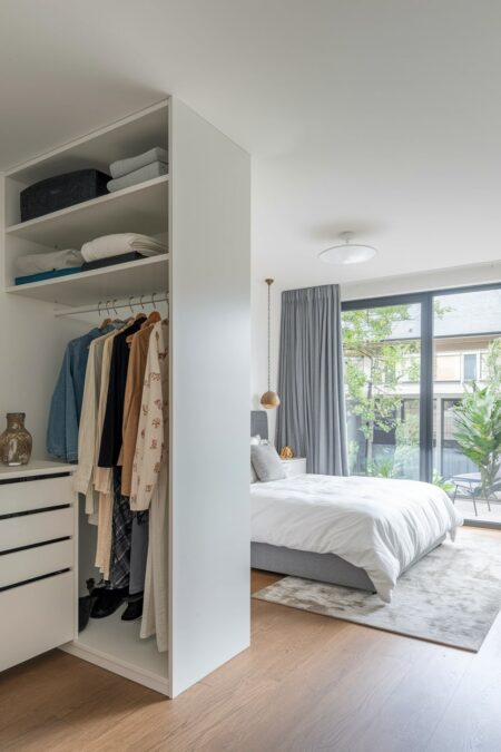 modern bedroom with a white wardrobe as partition for a dressing area
