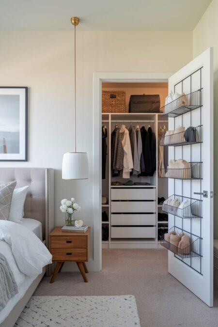 modern bedroom with light walls and behind-the-door organizer with shallow wire baskets