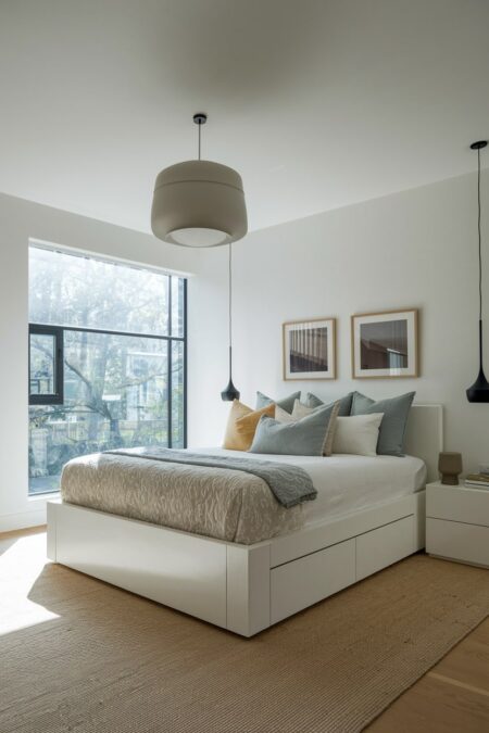 modern bedroom with white walls and a white storage bed with drawers, black pendant lights
