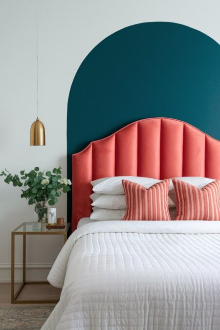 modern bedroom with white walls and bedding, coral velvet channel tufted headboard, gold pendant light, and a painted navy blue arch behind headboard