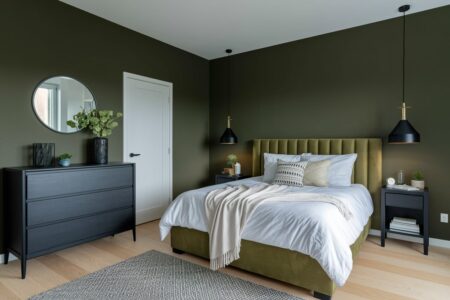 modern dark green bedroom with olive green bed frame, black dresser, nightstands, and pendant lights, light wood flooring