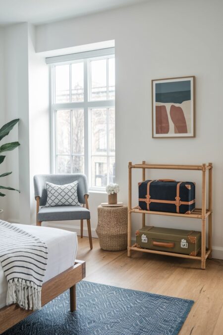 modern guest room with a luggage rack and abstract artwork, gray accent chair