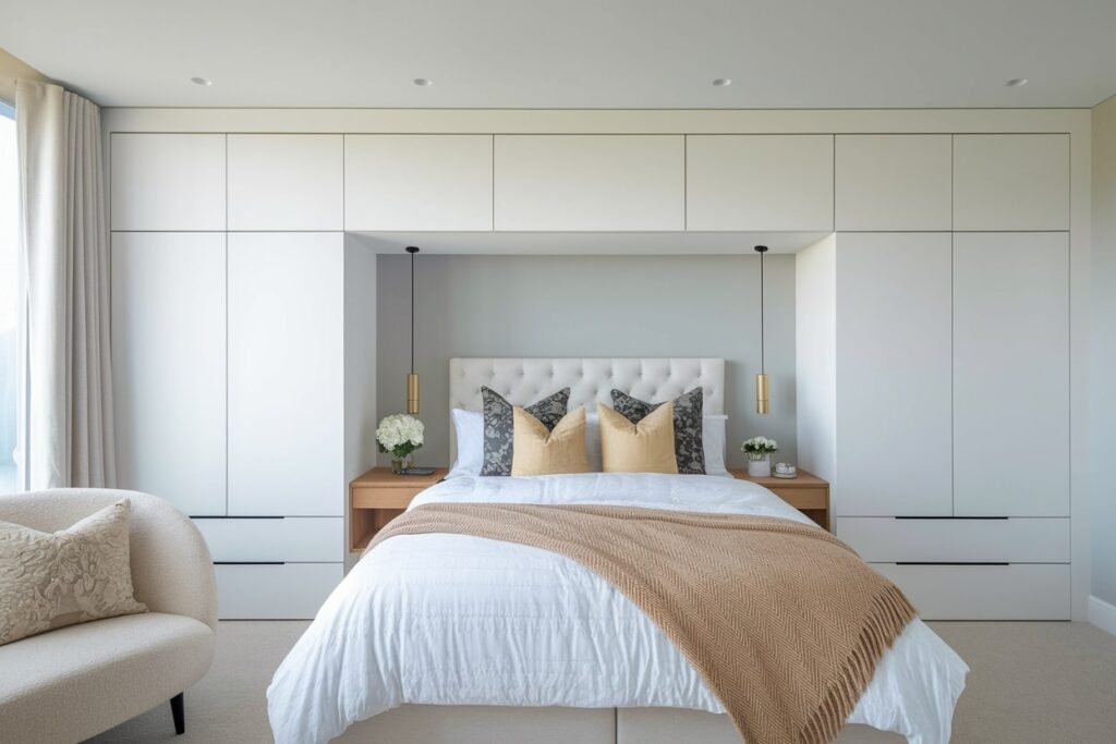 modern guest room with a white built-in wardrobe with bed, light beige accent chair