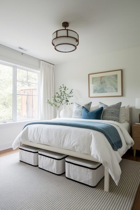 modern guest room with white walls and three white zippered fabric bags for storage under the bed