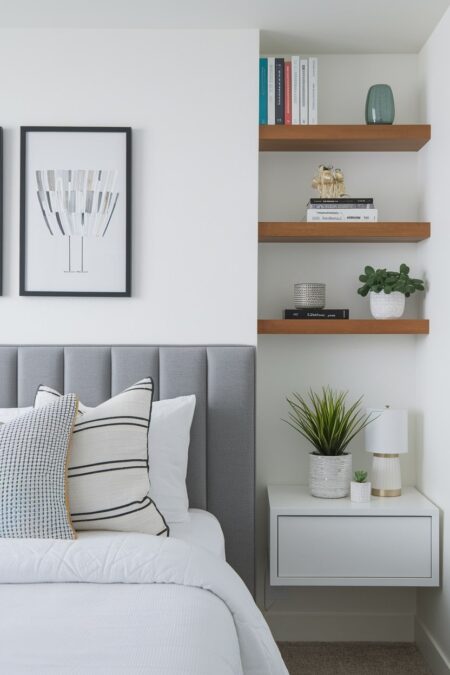 modern guest room with wooden floating shelves, gray upholstered headboard, and white floating nightstand