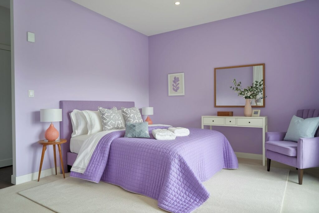 13 Lavender Bedroom Ideas for a Serene and Stylish Retreat modern lavender bedroom with wooden bedside tables, white console table, and peach color table lamps