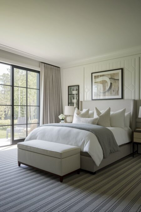 modern luxury guest room with a storage bench, neutral color palette, and striped carpeting
