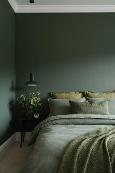 monochromatic dark green bedroom with sage green bedding, olive pillows, and a moss green throw blanket